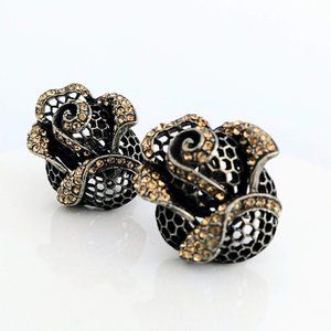 Vintage ROSE EARRINGS Antique Oxidized Silver Champagne Crystals Clip On